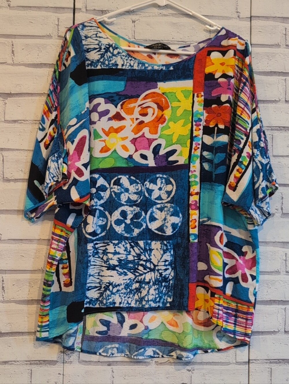 Jams World 50 Years Tunic Top Womens L Multi Color Floral Hawaiian Cold Shoulder